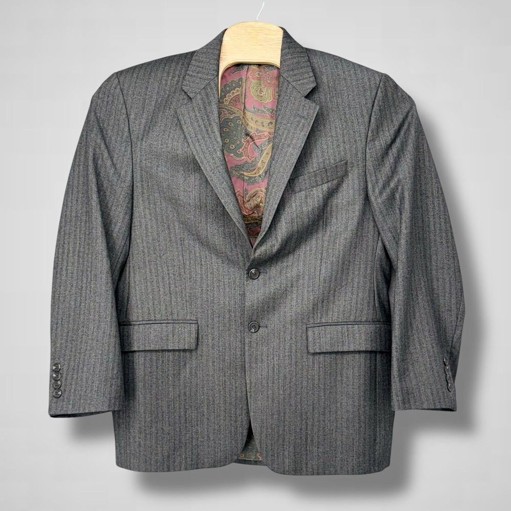 Lauren Ralph Lauren Woolmark Blazer Gray Pinstripes 40R Paisley Lined Union Made